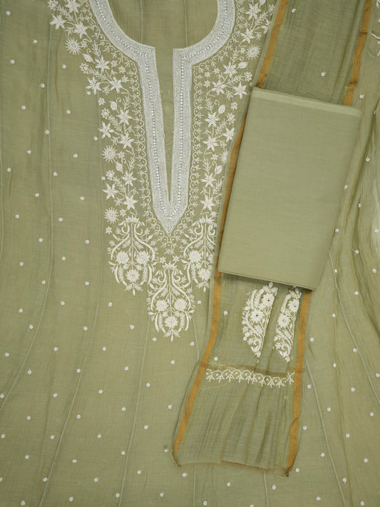 Women Hand Embroidered Premium Chikankari Mul Chanderi Unstitched Kurta Dupatta Bottom Set-ALSCA85201FS Green