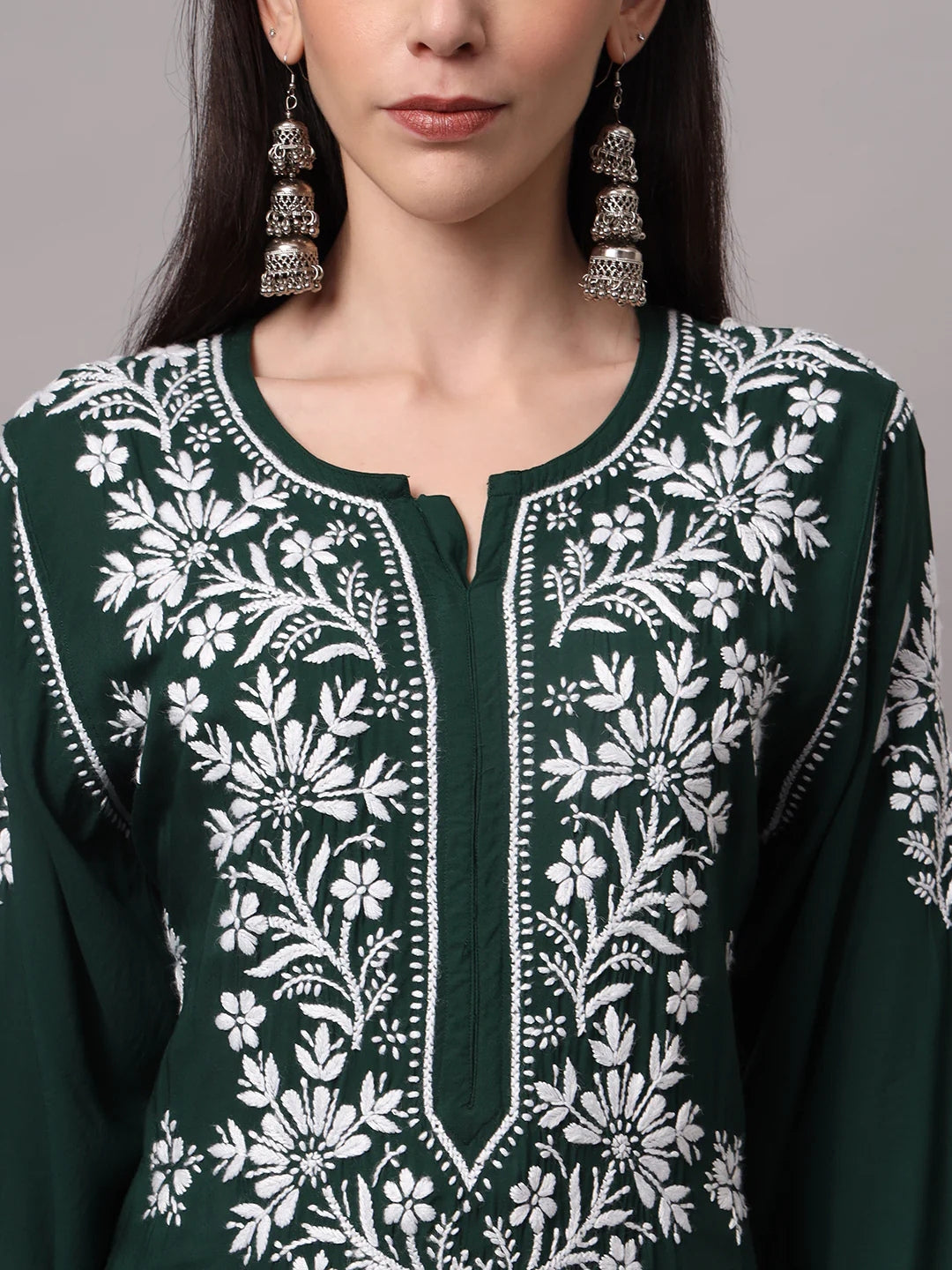 Women Hand Embroidered Modal Chikankari Kurta-AL4059 Darkgreen