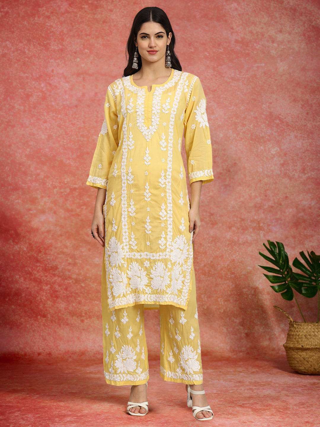 Women Hand Embroidered Chikankari Modal Kurta set-AL4049KS Yellow