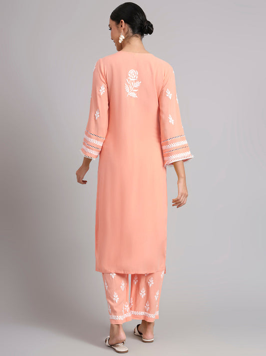 Women Hand Embroidered Lucknowi Chikankari Rayon Kurta Set-AL4078KS Peach