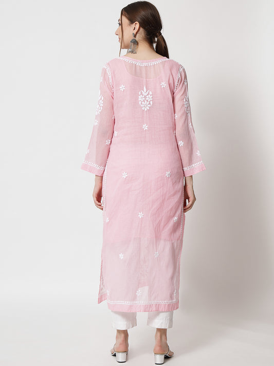 Hand Embroidered Chikankari Kota Straight Kurta With Slip-AL3540 Babypink