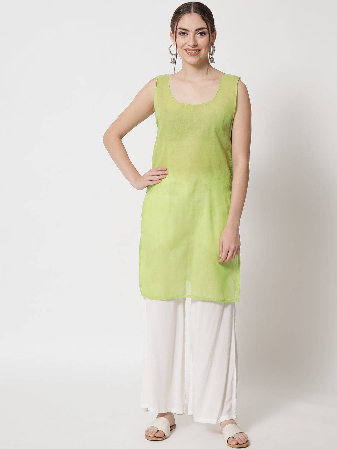 Hand Embroidered Chikankari Kota Straight Kurta With Slip-AL3540 Parrotgreen