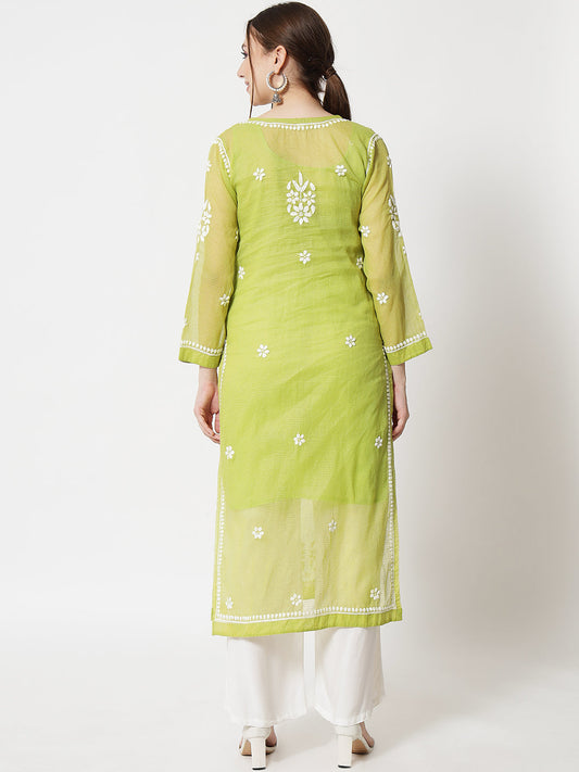 Hand Embroidered Chikankari Kota Straight Kurta With Slip-AL3540 Parrotgreen