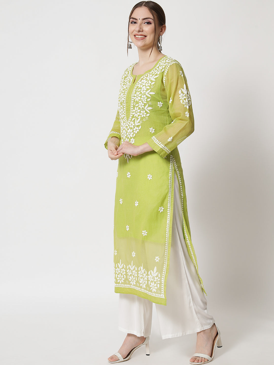 Hand Embroidered Chikankari Kota Straight Kurta With Slip-AL3540 Parrotgreen