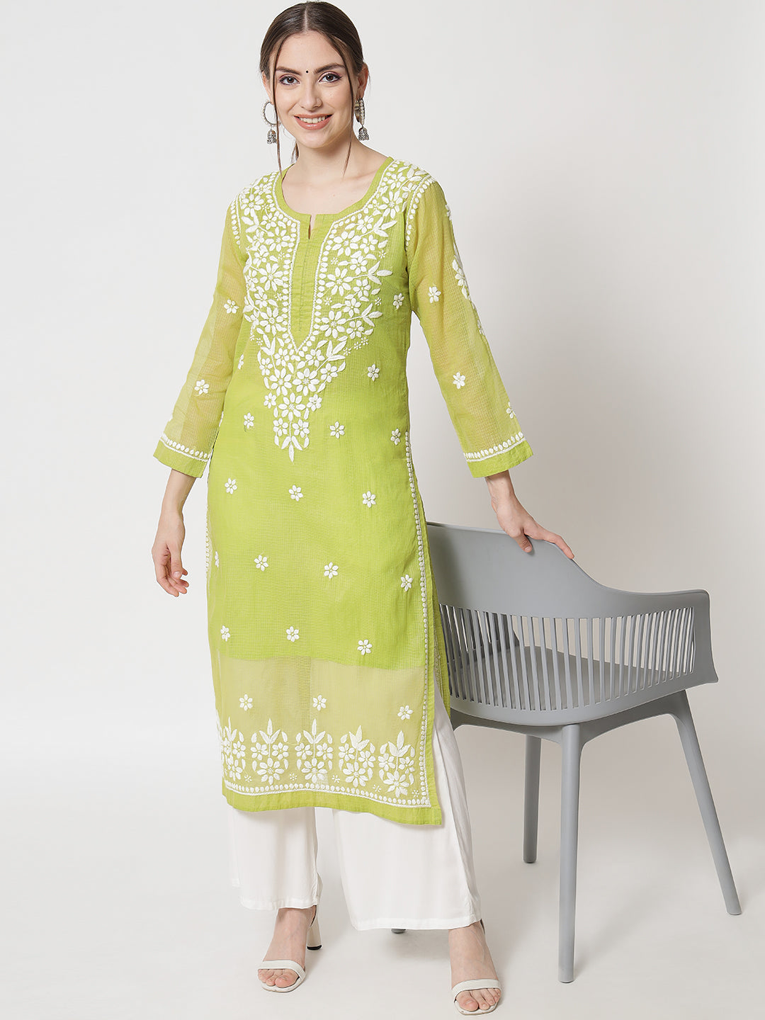 Hand Embroidered Chikankari Kota Straight Kurta With Slip-AL3540 Parrotgreen