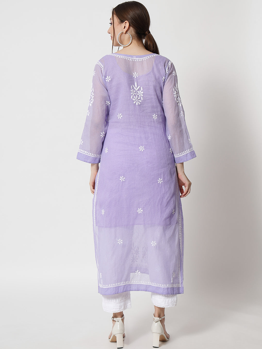 Hand Embroidered Chikankari Kota Straight Kurta With Slip-AL3540 Mauve