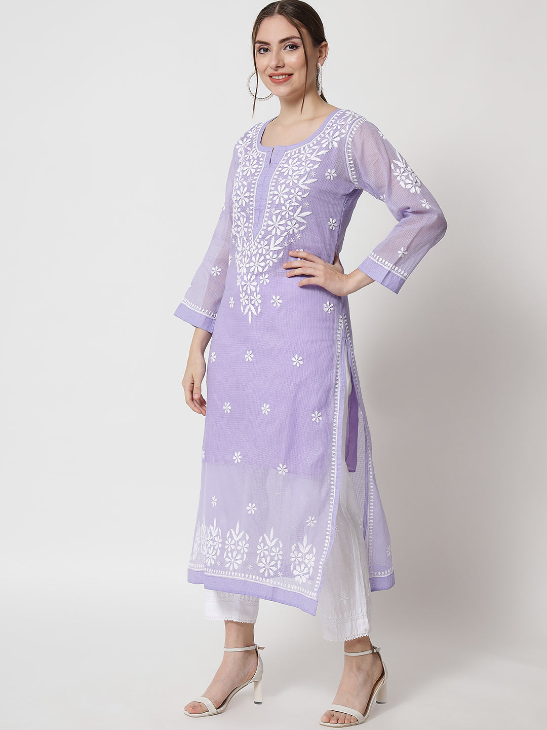 Hand Embroidered Chikankari Kota Straight Kurta With Slip-AL3540 Mauve
