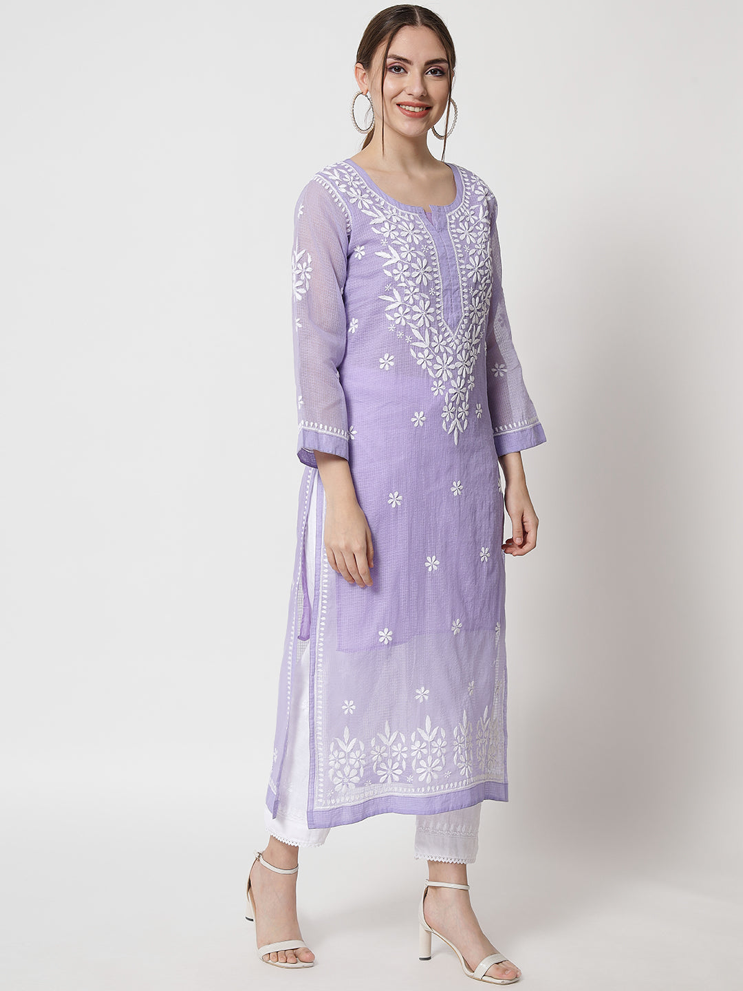 Hand Embroidered Chikankari Kota Straight Kurta With Slip-AL3540 Mauve