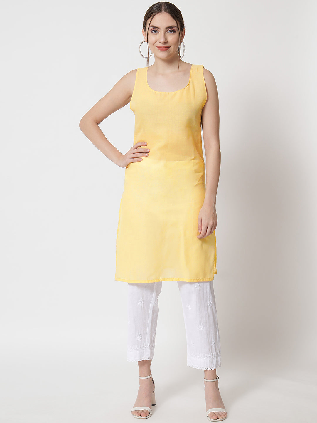 Hand Embroidered Chikankari Kota Straight Kurta With Slip-AL3540 Yellow