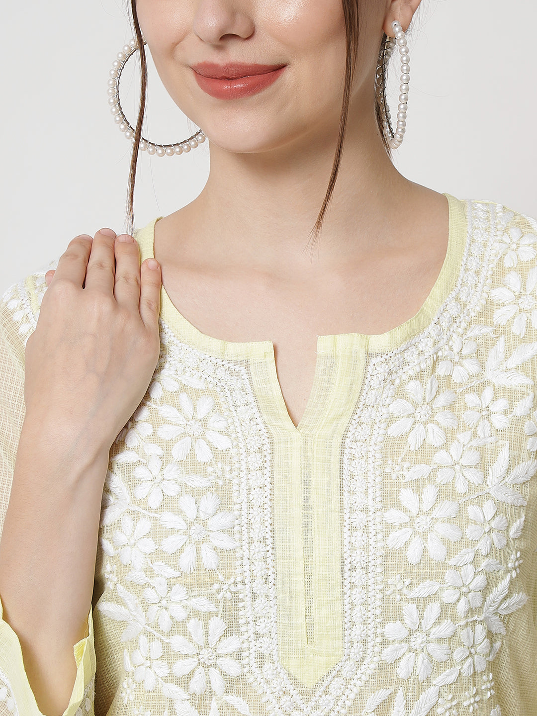 Hand Embroidered Chikankari Kota Straight Kurta With Slip-AL3540 Yellow