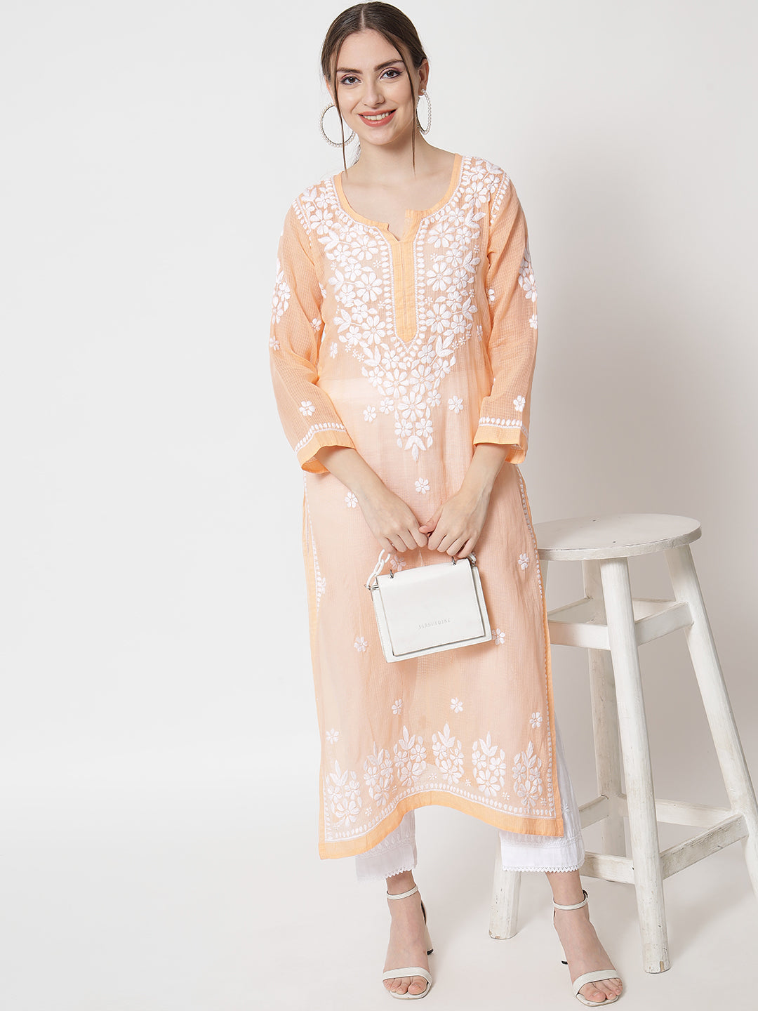 Hand Embroidered Chikankari Kota Straight Kurta With Slip-AL3540 Peach