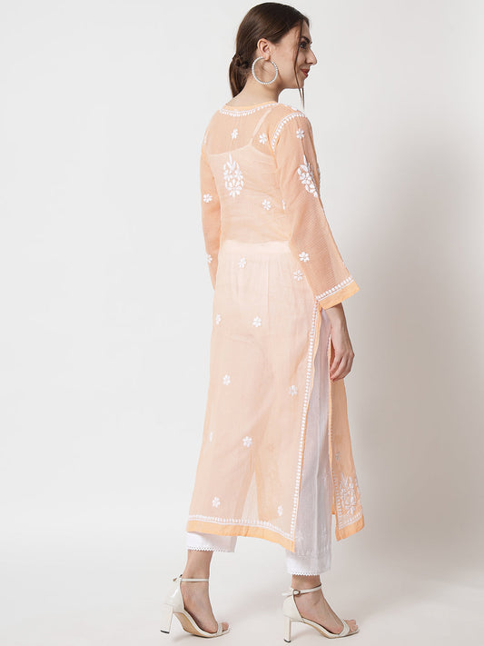 Hand Embroidered Chikankari Kota Straight Kurta With Slip-AL3540 Peach
