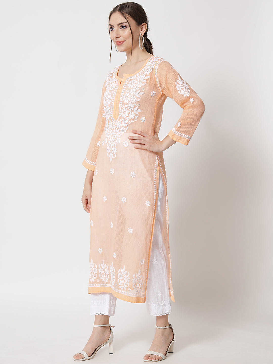 Hand Embroidered Chikankari Kota Straight Kurta With Slip-AL3540 Peach