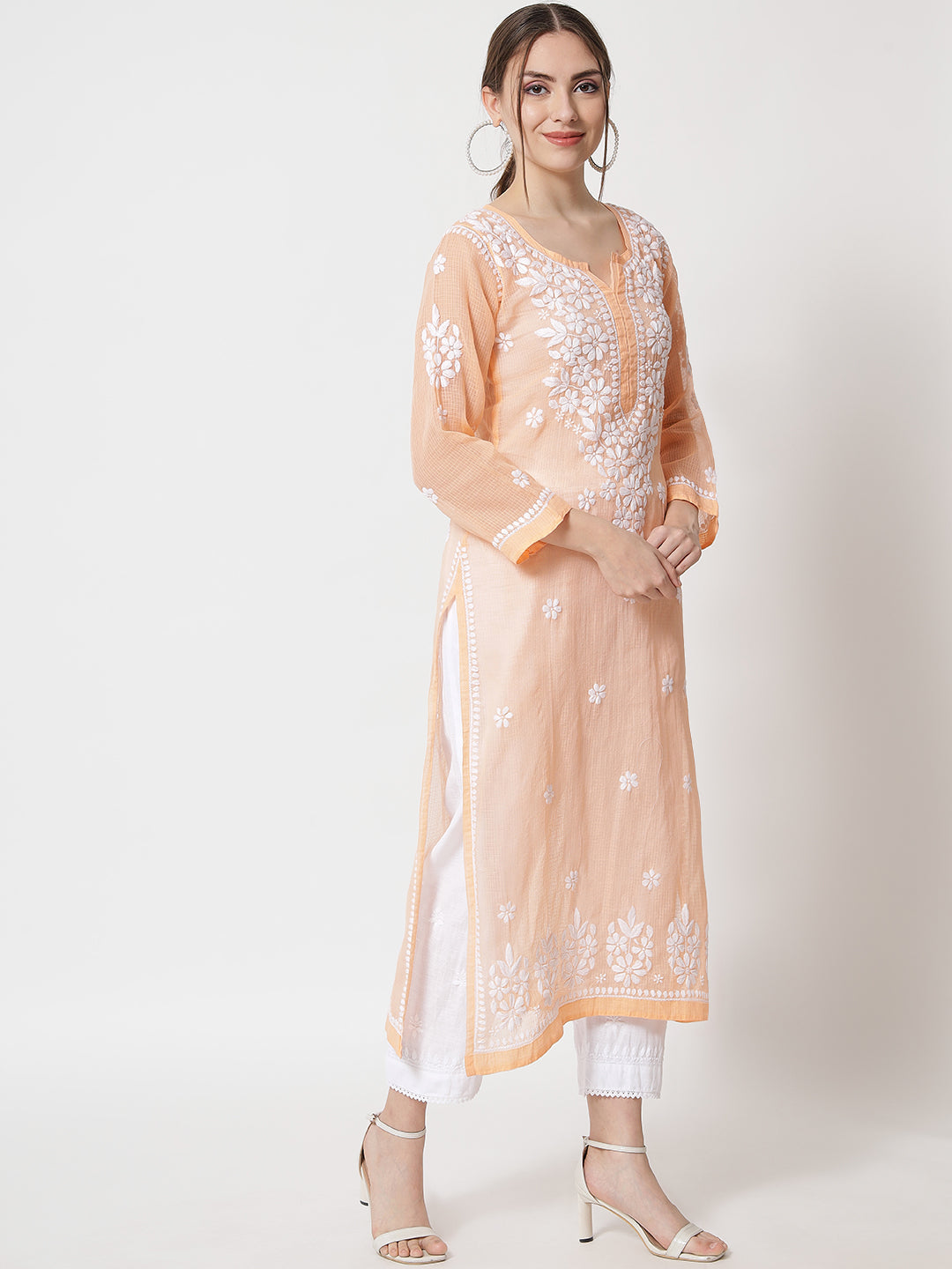 Hand Embroidered Chikankari Kota Straight Kurta With Slip-AL3540 Peach