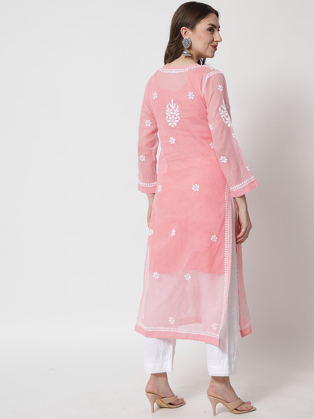 Hand Embroidered Chikankari Kota Straight Kurta With Slip-AL3540 Coral