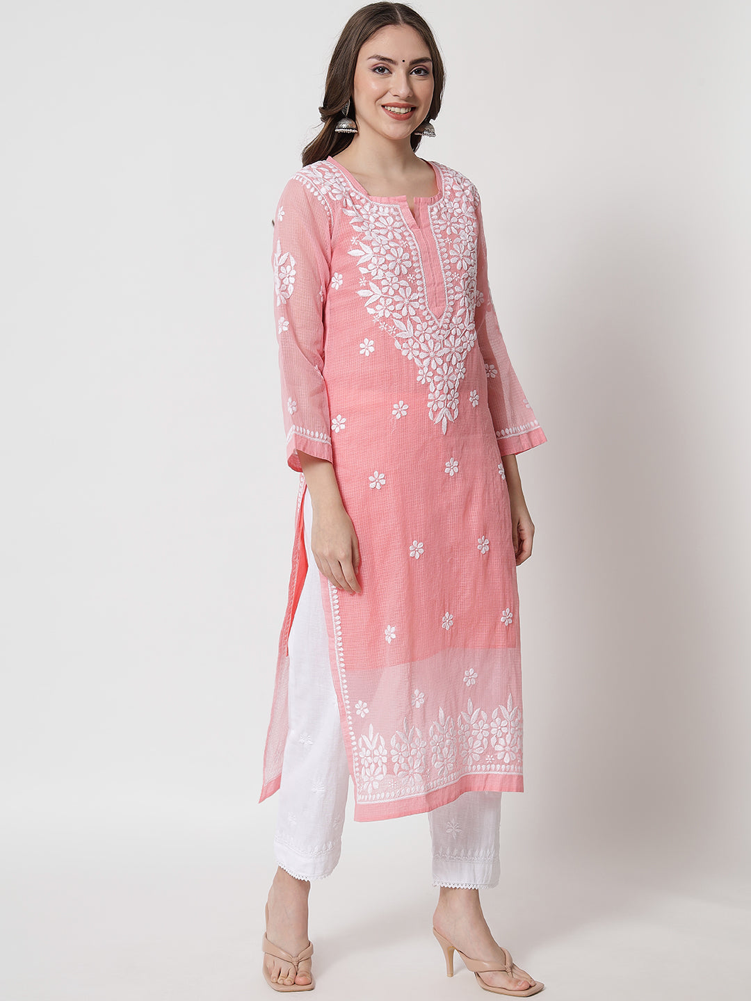 Hand Embroidered Chikankari Kota Straight Kurta With Slip-AL3540 Coral