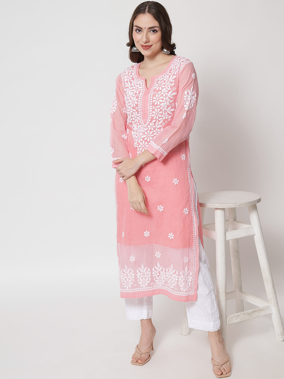 Hand Embroidered Chikankari Kota Straight Kurta With Slip-AL3540 Coral
