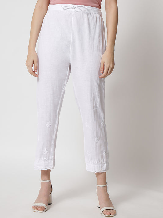 Hand Embroidered Chikankari Women White Pant-AL3539