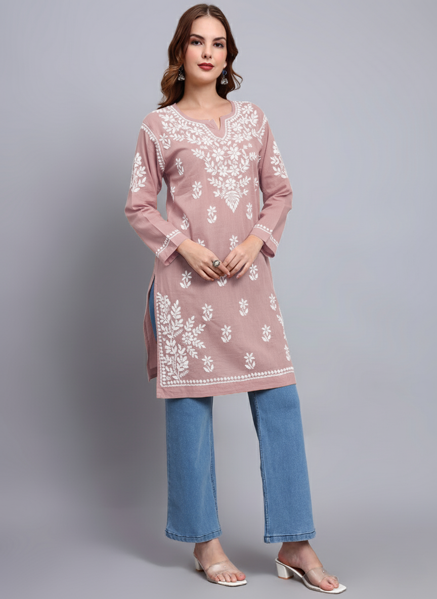 Women Hand Embroidered Chikankari Cotton Kurti -AL3685 Rust
