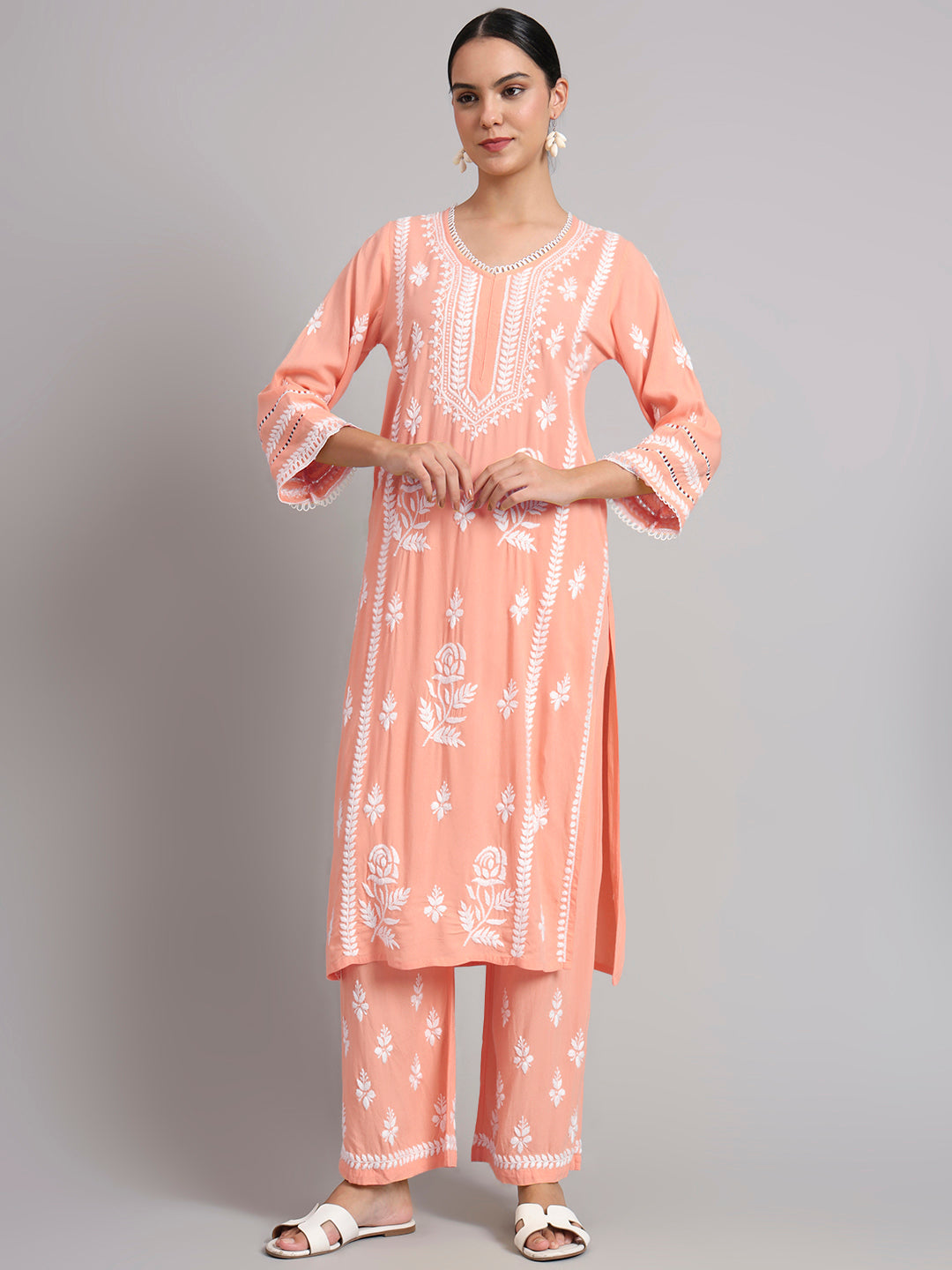 Women Hand Embroidered Lucknowi Chikankari Rayon Kurta Set-AL4078KS Peach