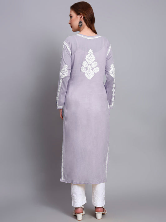 Women Hand Embroidered Chikankari Mulmul Kurti -AL3723 Mauve