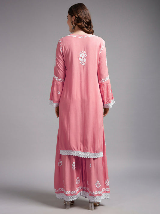 Women Hand Embroidered Lucknowi Chikankari Rayon Kurta Set-AL4077KS Rust