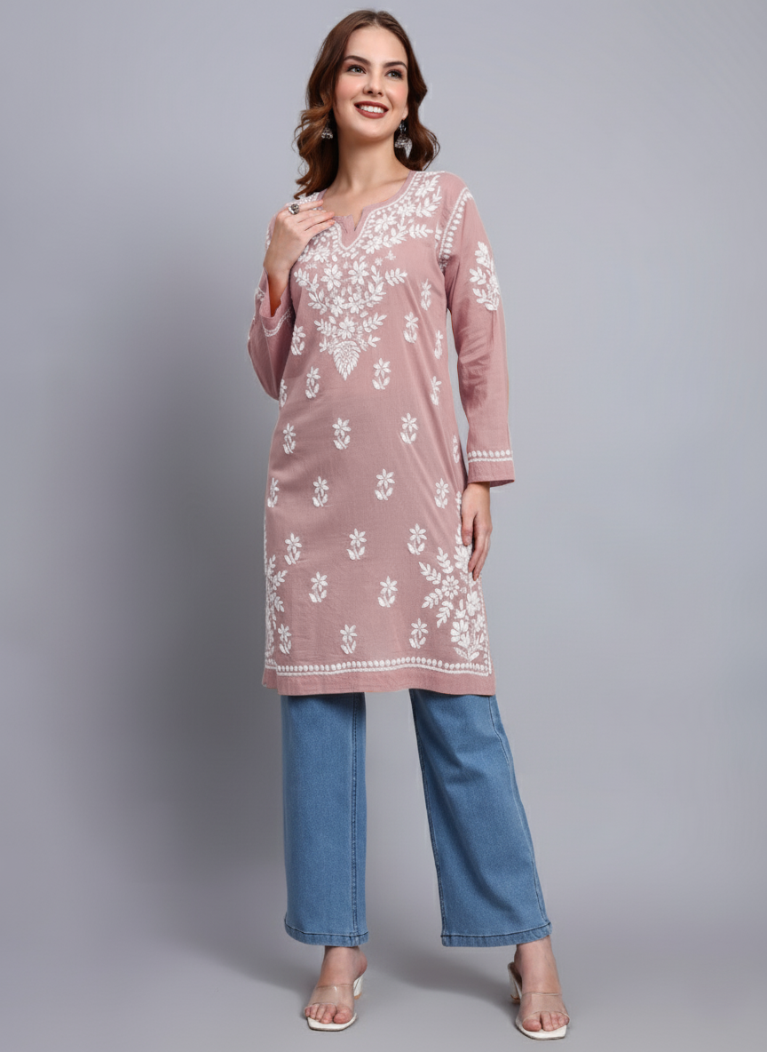 Women Hand Embroidered Chikankari Cotton Kurti -AL3685 Rust