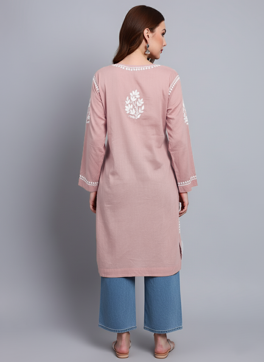 Women Hand Embroidered Chikankari Cotton Kurti -AL3685 Rust