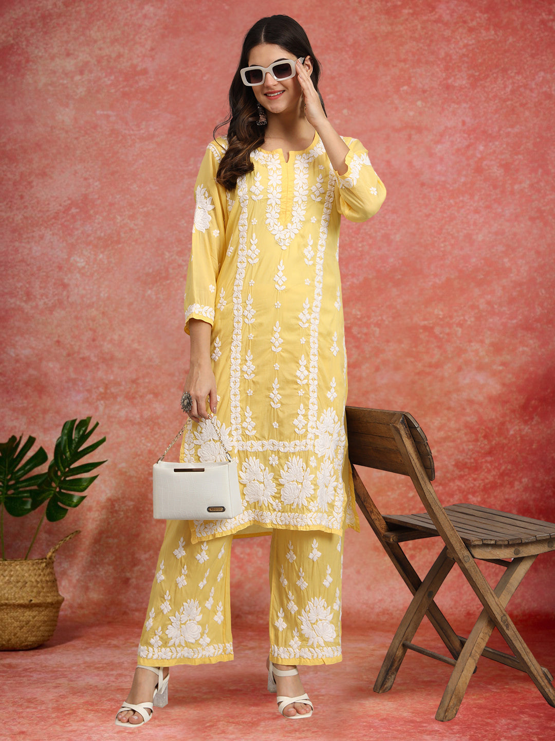 Women Hand Embroidered Chikankari Modal Kurta set-AL4049KS Yellow