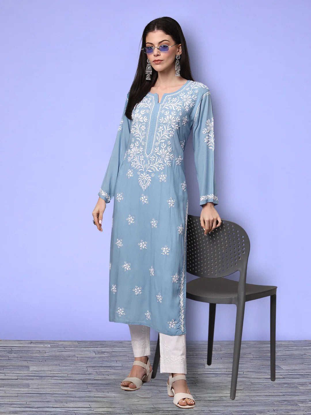 Women Hand Embroidered Chikankari Modal Kurta-AL4059 Denim