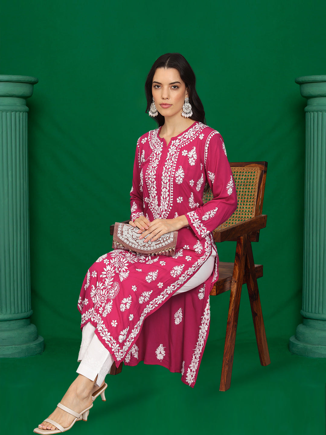 Women Chikankari Hand Embroidered Modal Kurta -AL4042 Magenta