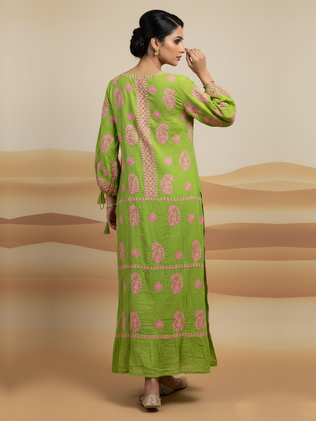 Hand Embroidered Chikankari Rayon Jalabiya-AL4048 Green