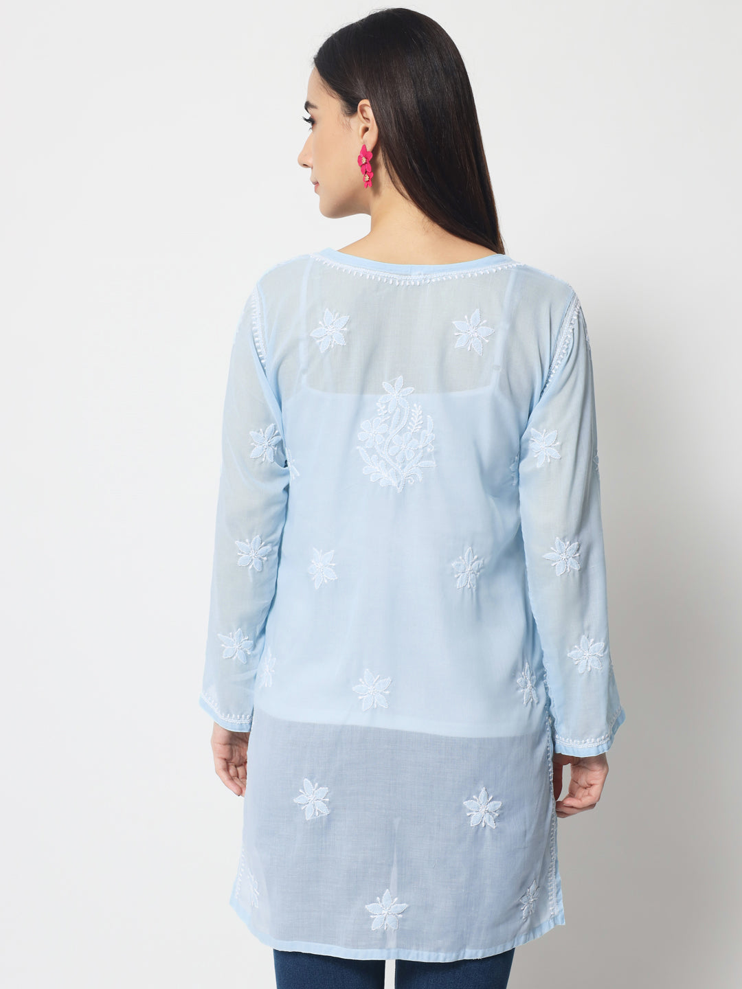 Hand Embroidered Chikankari Cotton Straight Kurti-AL3595 Blue