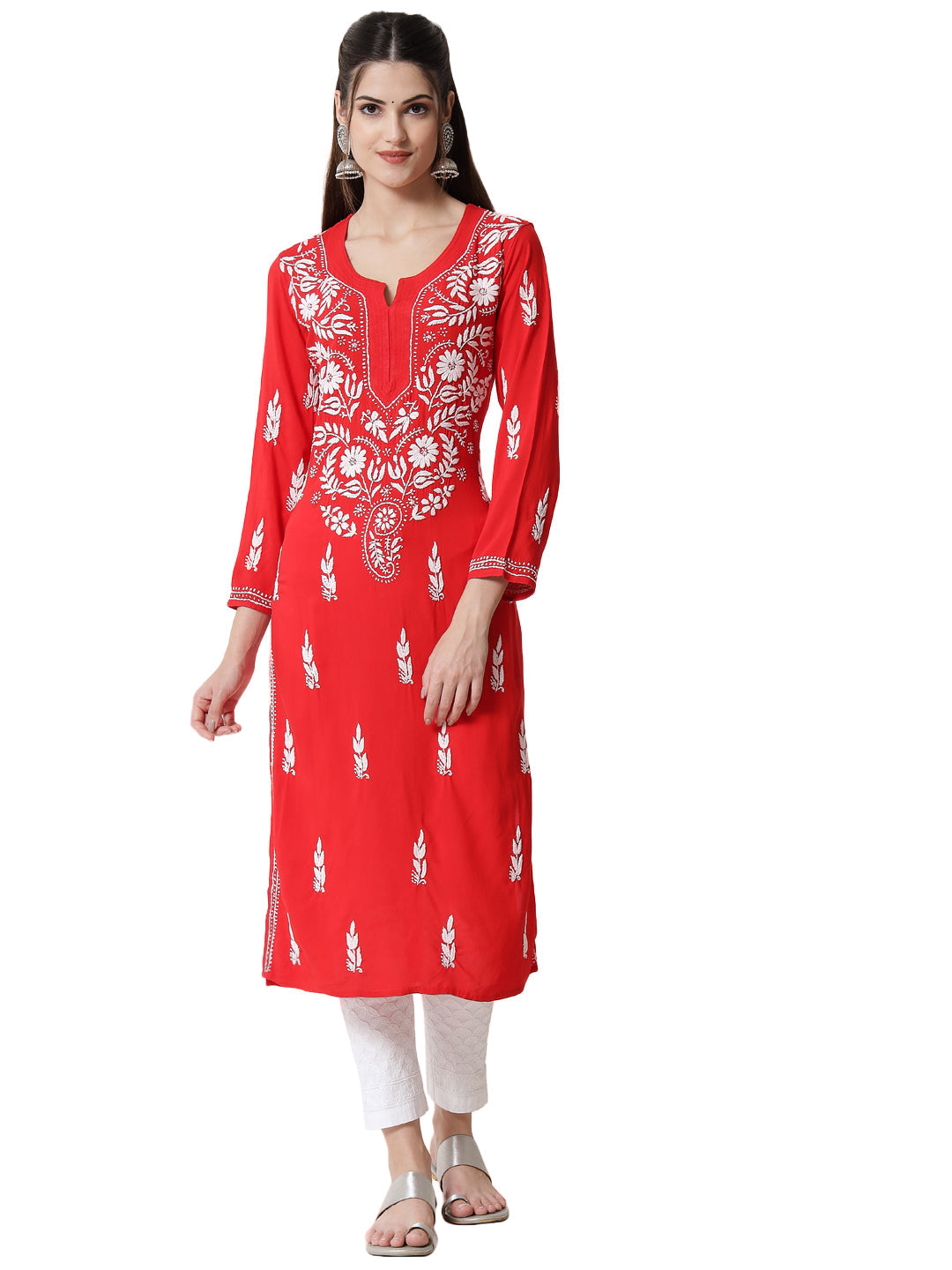 Hand Embroidered Chikankari Rayon Straight Kurta-AL3451 White