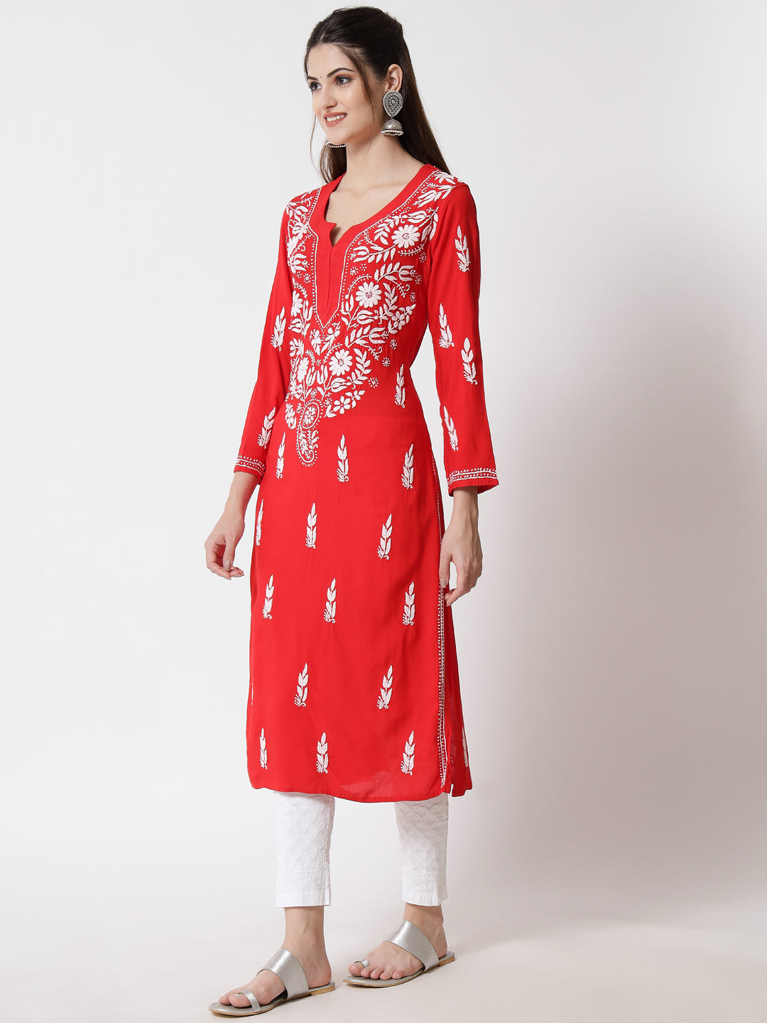 Hand Embroidered Chikankari Rayon Straight Kurta-AL3451 White