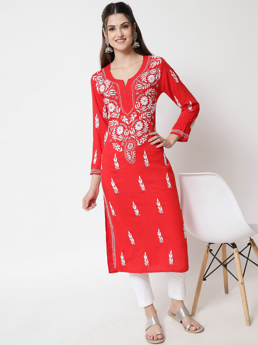 Hand Embroidered Chikankari Rayon Straight Kurta-AL3451 White