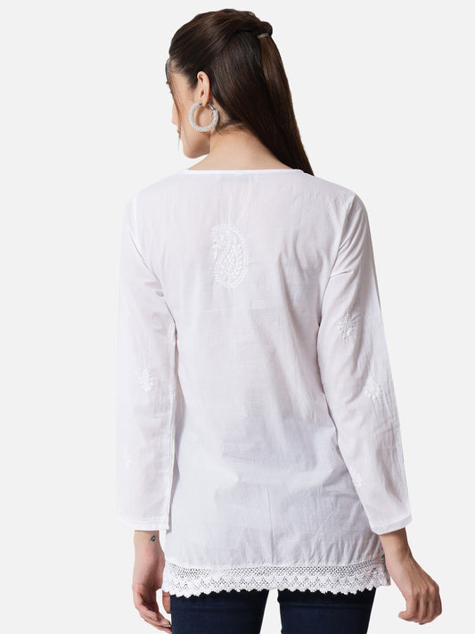 Hand Embroidered Chikankari Cotton Straight Short Kurti With Qureshia Lace-AL3347