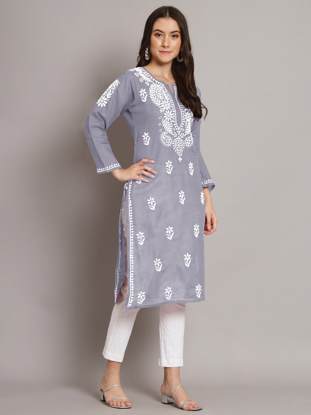 Hand Embroidered Chikankari Cotton Straight Kurta- AL3561 Grey