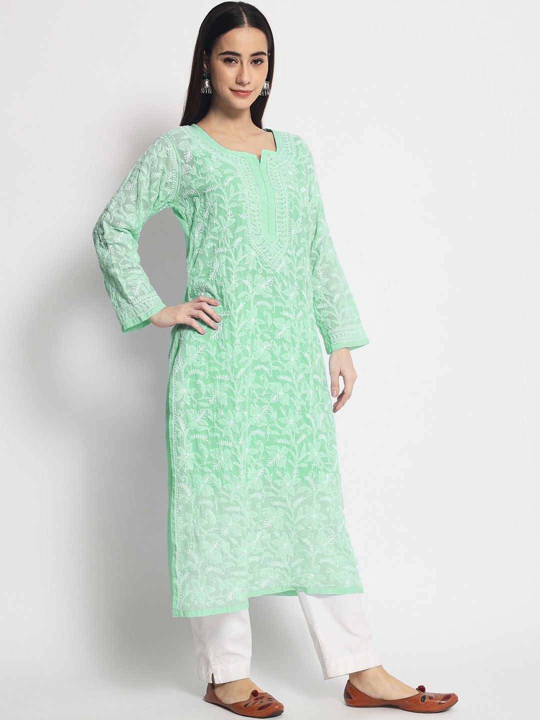 Women Hand Embroidered Chikankari Cotton Straight Kurta- AL3592 Green