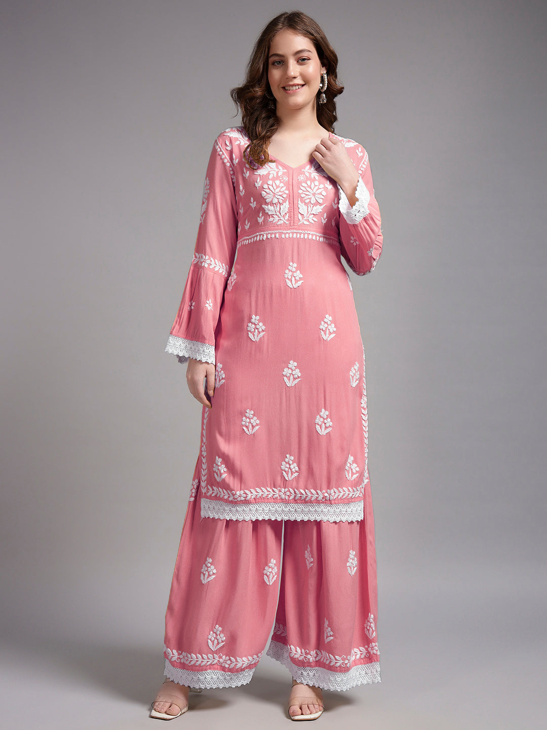 Women Hand Embroidered Lucknowi Chikankari Rayon Kurta Set-AL4077KS Rust
