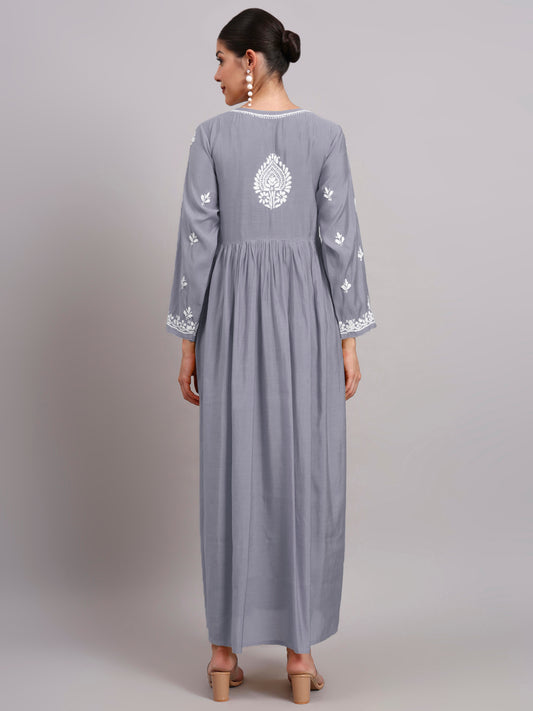 Hand Embroidered Chikankari Chanderi Jalabiya-AL4087 Grey