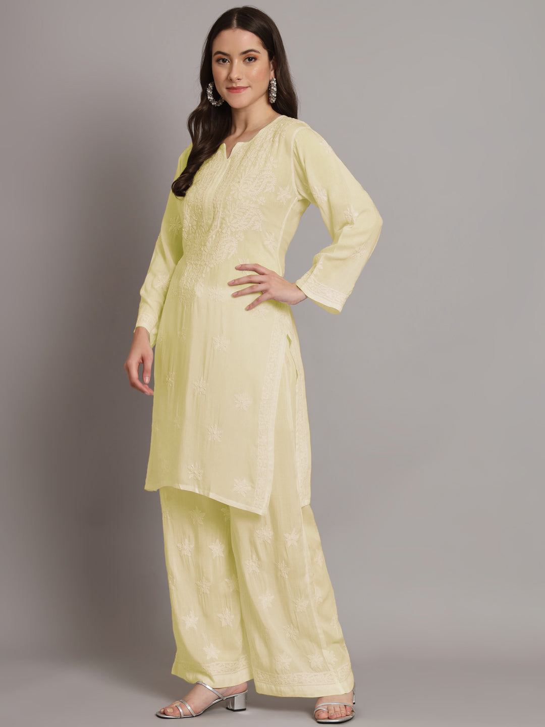 Hand Embroidered Chikankari Modal Kurta with Palazzo- AL3662KS Lemon