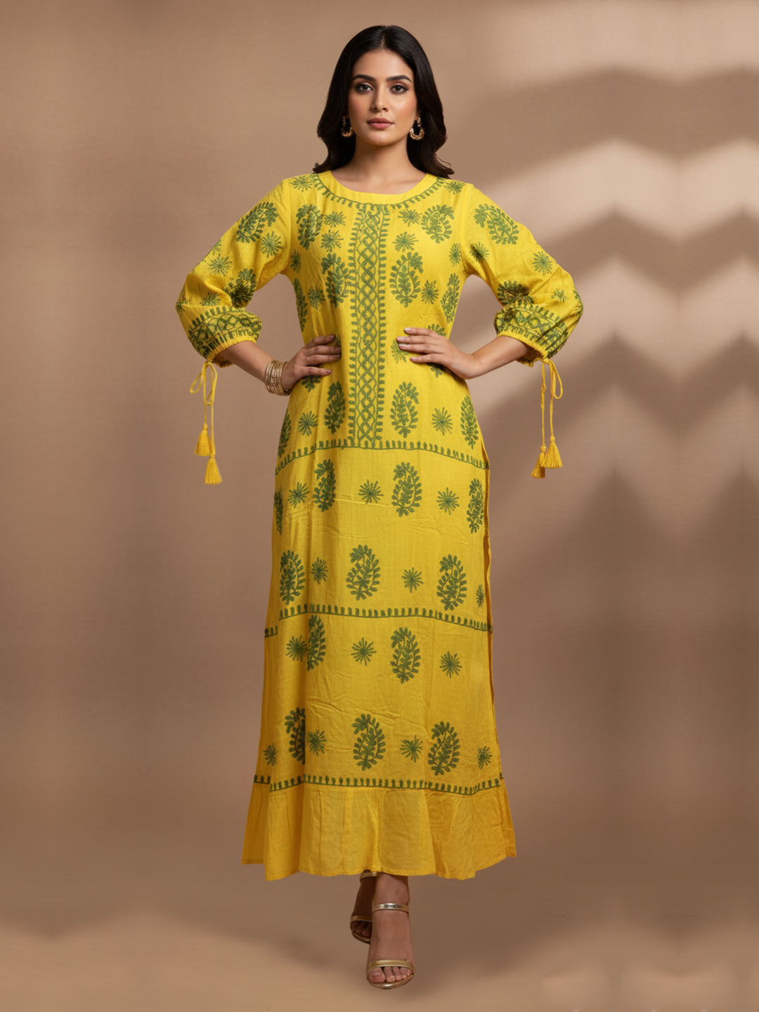 Hand Embroidered Chikankari Rayon Jalabiya-AL4048 Yellow