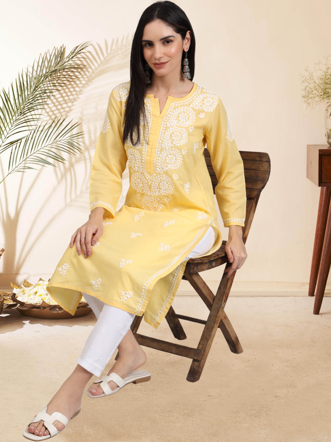 Hand Embroidered Chikankari Cotton Straight Kurta-AL3997 Yellow