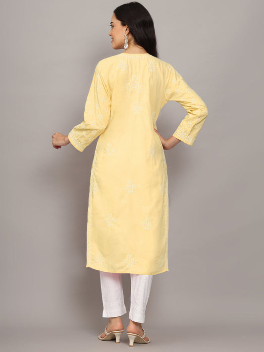 Women Hand Embroidered Chikankari Cotton Kurta-AL4043 Yellow