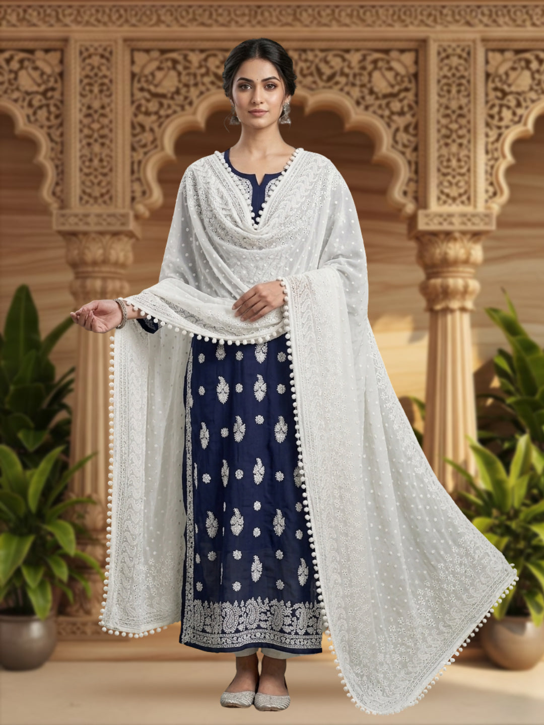 Women Embroidered Georgette Dupatta -AL3721 White
