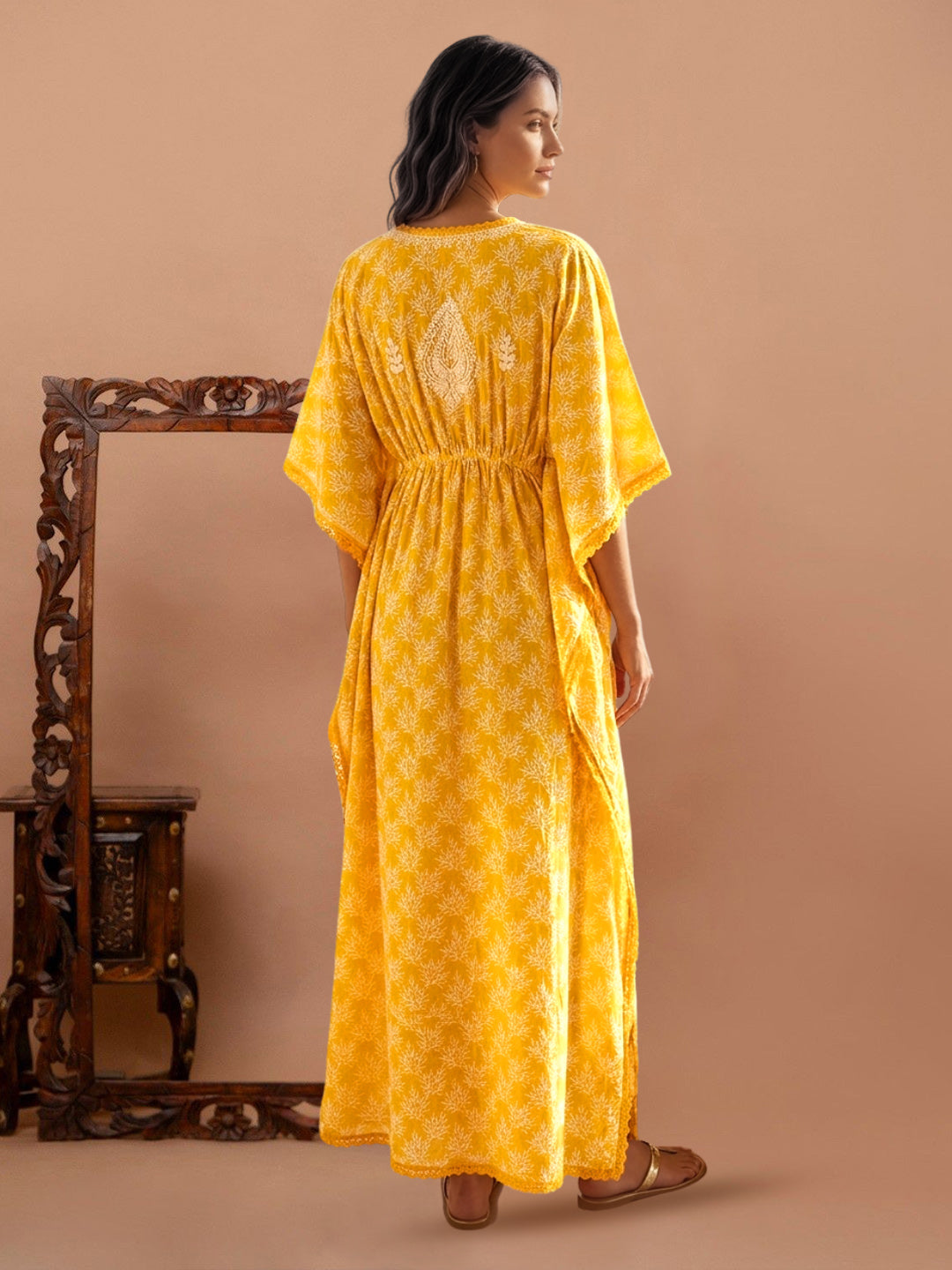 Hand Embroidered Chikankari Cotton Kaftan-AL3833 New Yellow