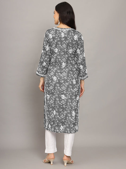 Women Hand Embroidered Chikankari Mulmul Cotton Printed Kurta-AL4041 Grey