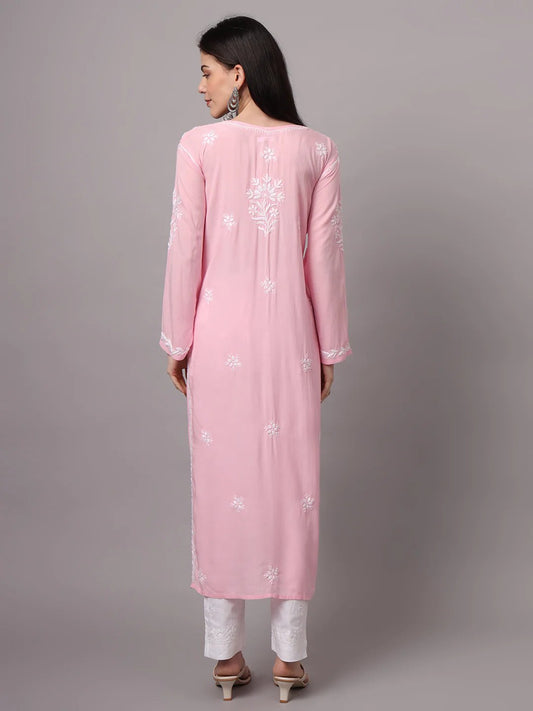 Women Hand Embroidered Chikankari Modal Kurta-AL4059 Pink