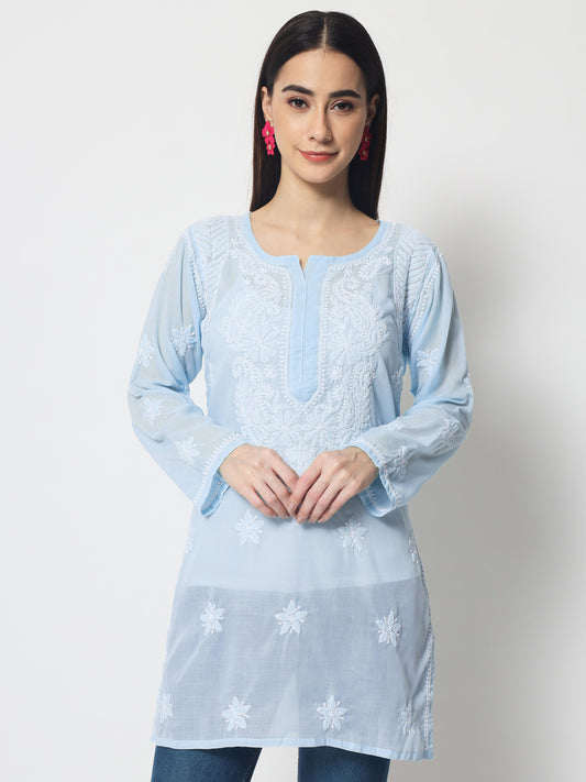 Hand Embroidered Chikankari Cotton Straight Kurti-AL3595 Blue